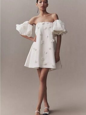 Ivory Off-Shoulder Puff Sleeve Mini Dress with Floral Appliqués